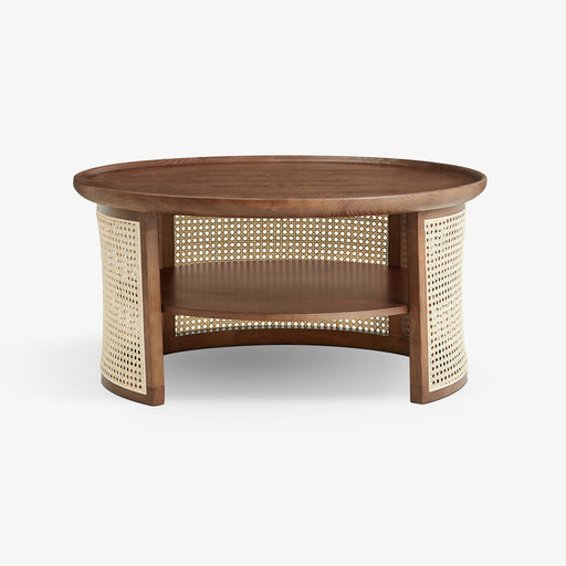 מעבר לעמוד מוצר BEAU | שולחן עגול מעץ מלא בגוון אגוז עם מסגרת ראטן