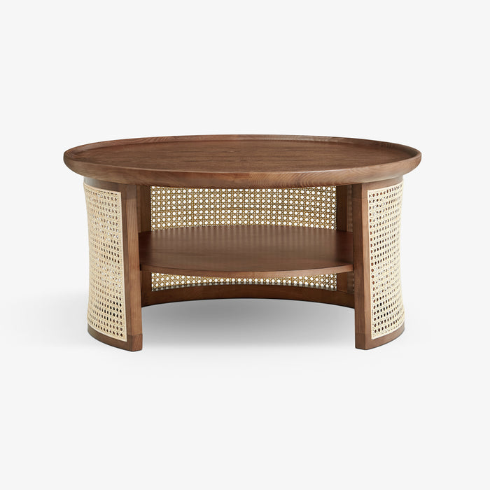 Beau | שולחן סלון עגול מעץ מלא בגוון אגוז עם מסגרת ראטן