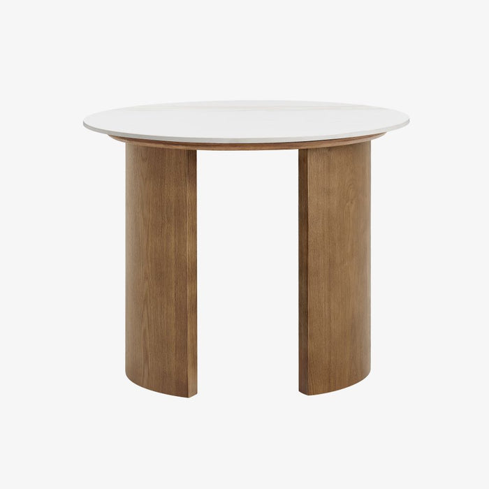SOREN | שולחן צד עגול בשילוב עץ אלון מלא ופלטת קרמיקה בגימור שיש