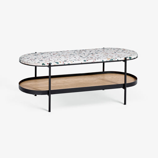 מעבר לעמוד מוצר KANTOR | שולחן טרצו-צבעוני אובלי לסלון עם מדף עץ וברזל