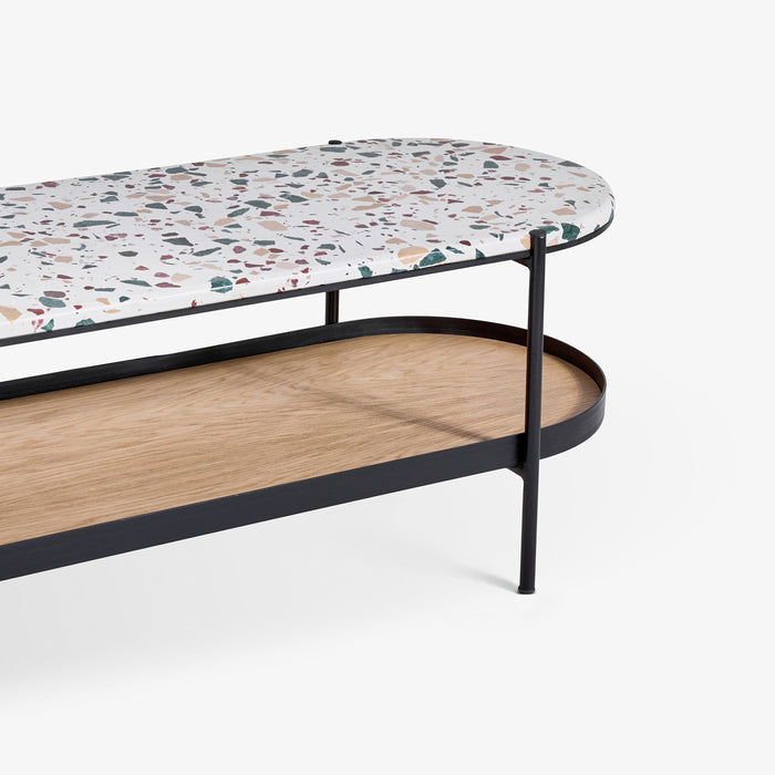 KANTOR | שולחן טרצו-צבעוני אובלי לסלון עם מדף עץ וברזל