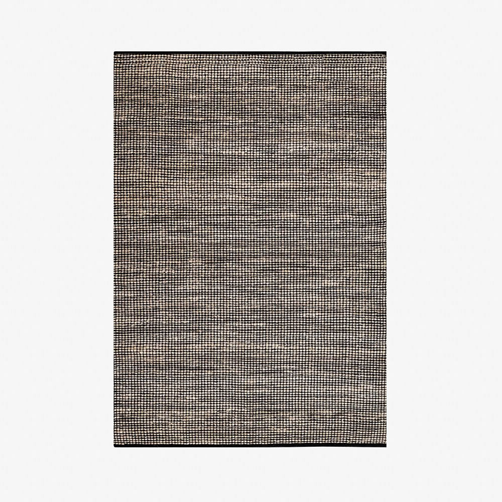 שטיח יוטה בשילוב כותנה, ארוג בלולאות רחבות בדוגמאת שתי וערב בגווני שמנת ושחור