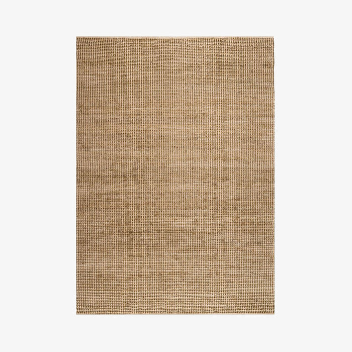 שטיח יוטה בשילוב כותנה, ארוג בלולאות רחבות בדוגמאת שתי וערב בגוון טבעי בשילוב ירוק זית