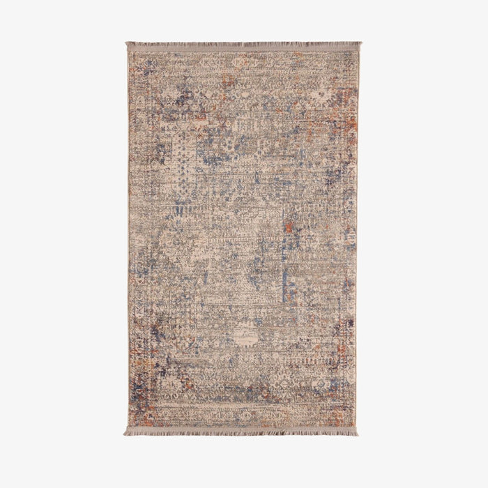 שטיח למסדרון מויסקוזה ופוליאסטר בגוונים של בז', כחול וטרקוטה בהדפס אתני דהוי