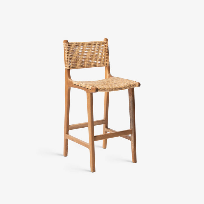 OLAN | כיסא בר מעץ טיק מלא בשילוב ראטן בגוון טבעי