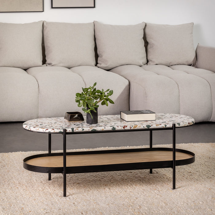 KANTOR | שולחן טרצו-צבעוני אובלי לסלון עם מדף עץ וברזל