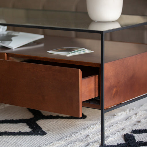 מעבר לעמוד מוצר KOB | שולחן סלון מלבני בשילוב עץ, ברזל וזכוכית