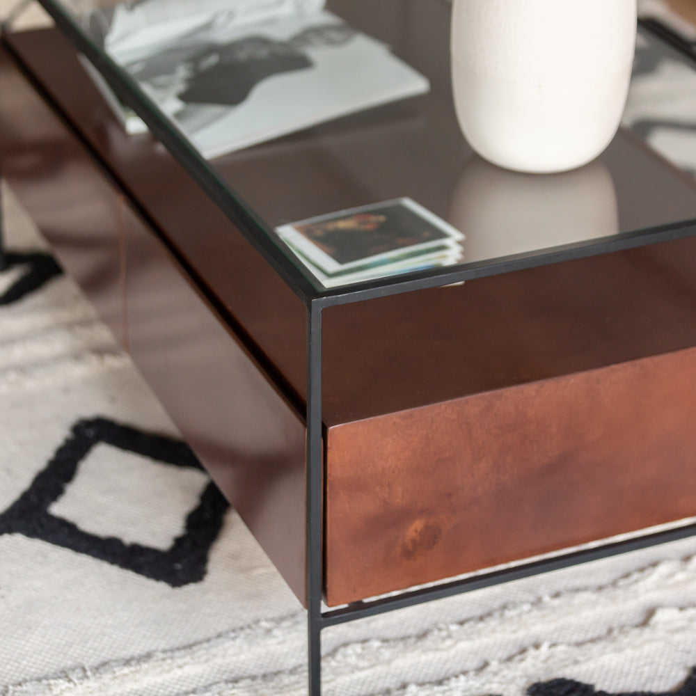 KOB | שולחן סלון מלבני בשילוב עץ, ברזל וזכוכית