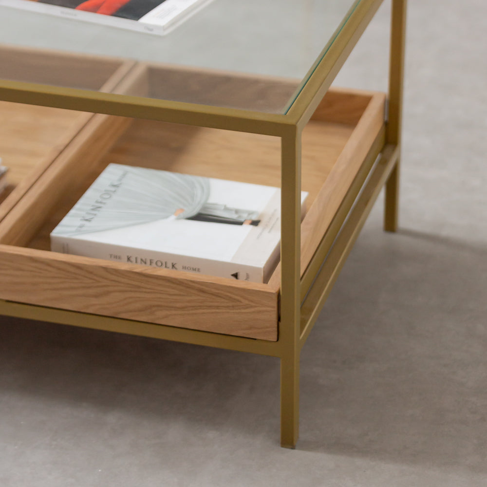 MOXI | שולחן מלבני מברזל מוזהב, עץ וחיפוי זכוכית